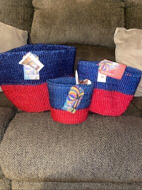 Handwoven Sisal Blue and Red Decorative Storage Baskets - Set of 3